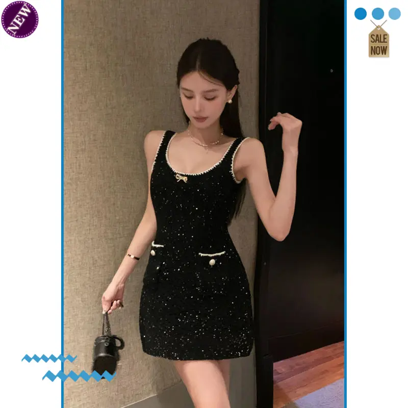 S26V28-Heavy industry small fragrance style sequined sexy suspender dress, women's autumn, new style, design sense, slimming and hip-hugging short skirt Lingerie Summer Glitter Gowns Dresse Lady Casual