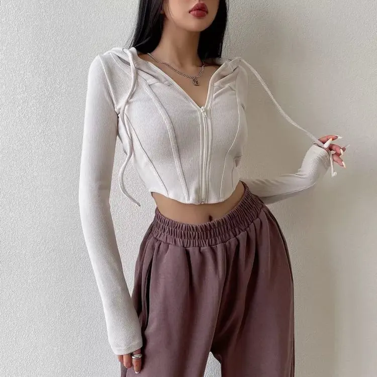 Sweater Wanita Jaket Zipper Crop Top Hoodie Knitwear Rib Atasan Panjang Tebal