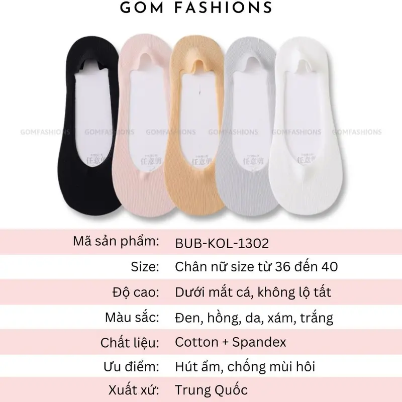 Combo 5 đôi tất lười nữ đệm cao su chống tuột gót GOMTAT, vớ hài mang giày búp bê - BUB-KOL-1302-CB5 2