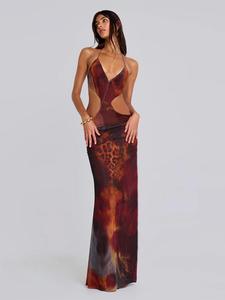 WOWDARK Women's Spring Leopard Print Hollow-Out Backless Vacation Dress