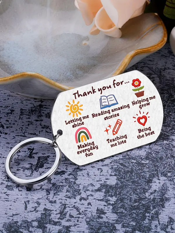 Letter & Cartoon Pattern Keychain, Stainless Steel Keychain for Women & Men, Summer 2024 Trendy All-match & Exquisite Keychain for Teacher Appreciation Gift, Back to School Supplies 0