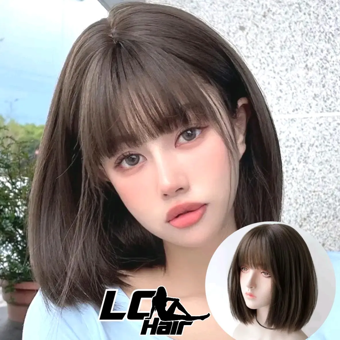 Wig Wanita Pendek Versi Korea Rambut Palsu Wanita pendek Sebahu Dark Brown