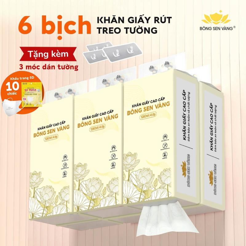 Thùng 6 bịch khăn giấy rút Bông Sen Vàng (tặng kèm 3 móc treo tường + 10 chiếc khẩu trang 5D) Giấy Vệ Sinh