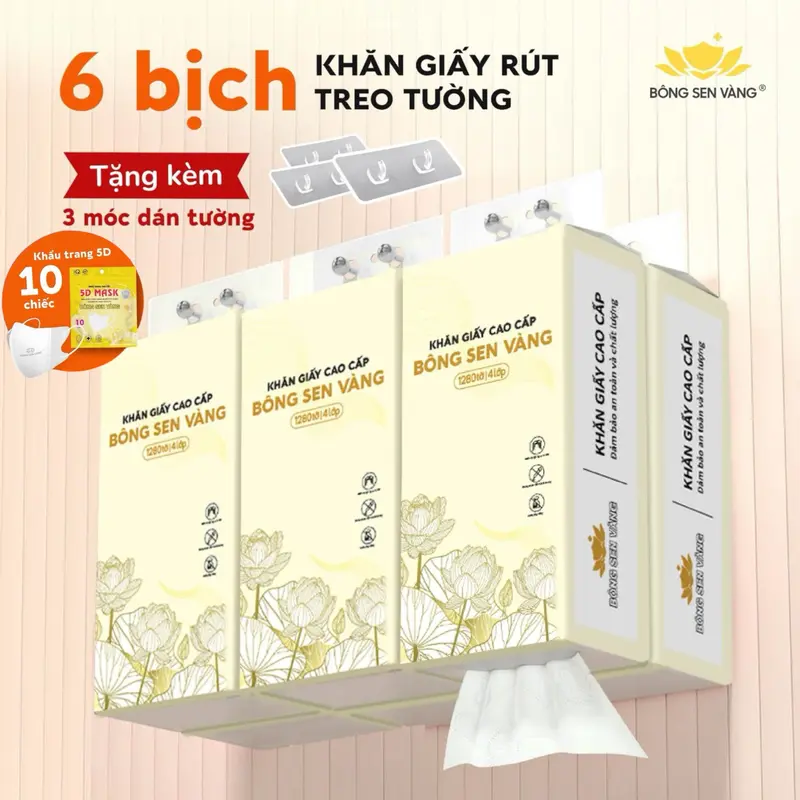 Thùng 6 bịch khăn giấy rút Bông Sen Vàng (tặng kèm 3 móc treo tường + 10 chiếc khẩu trang 5D) Giấy Vệ Sinh 0