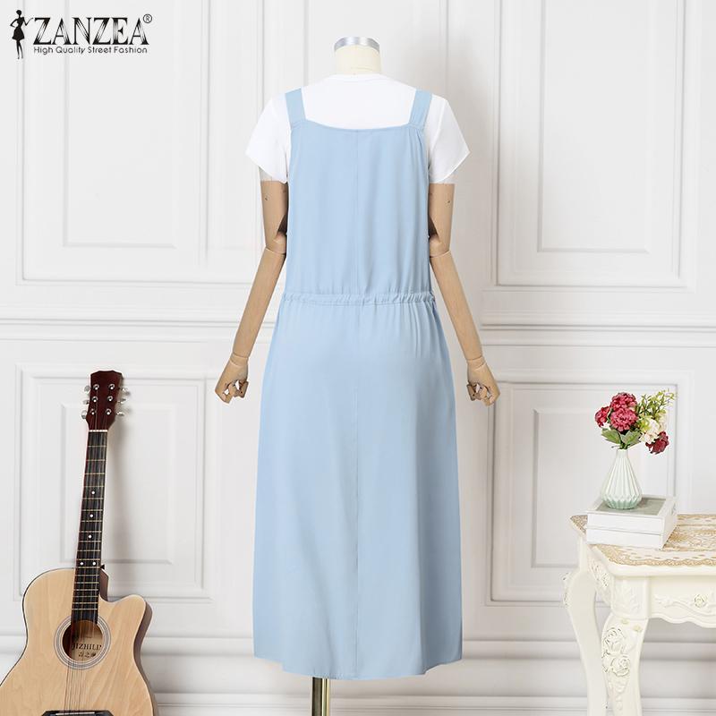 Product Introduction of Gaun Sundress Denim Wanita Muslimah, Gaya Vintaj, Leher O, dengan Poket, Bertali, Gaun Maxi, ZANZEA 41