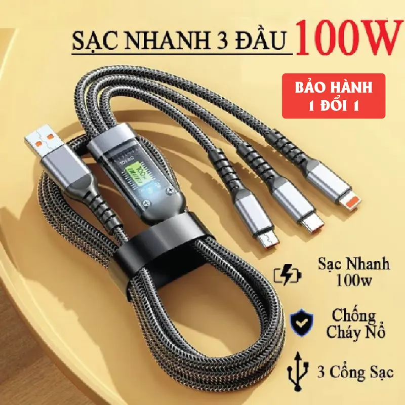 Cáp Sạc Nhanh 3 Đầu 100W - (Dài 1.2m). Dây Sạc 3 Trong 1 Chống Đứt, Chống Rối - Cáp sạc 3 in 1, Củ sạc nhanh 65W 0