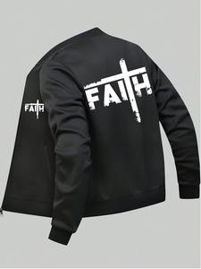 Men's Letter & Crown Print Zip Up Jacket, Casual Regular Fit Long Sleeve Zip Front Outerwear For Spring & Fall, Fashion Men's Clothes For Daily Wear