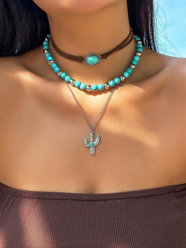 Vintage Cow Head Decor Beaded & Pendant Necklaces, Boho Style Turquoise Decor Luxury Jewelry for Women & Girls, Party, Daily Clothing Decor, Birthday Gift, Statement Necklace, Western Jewelry 6