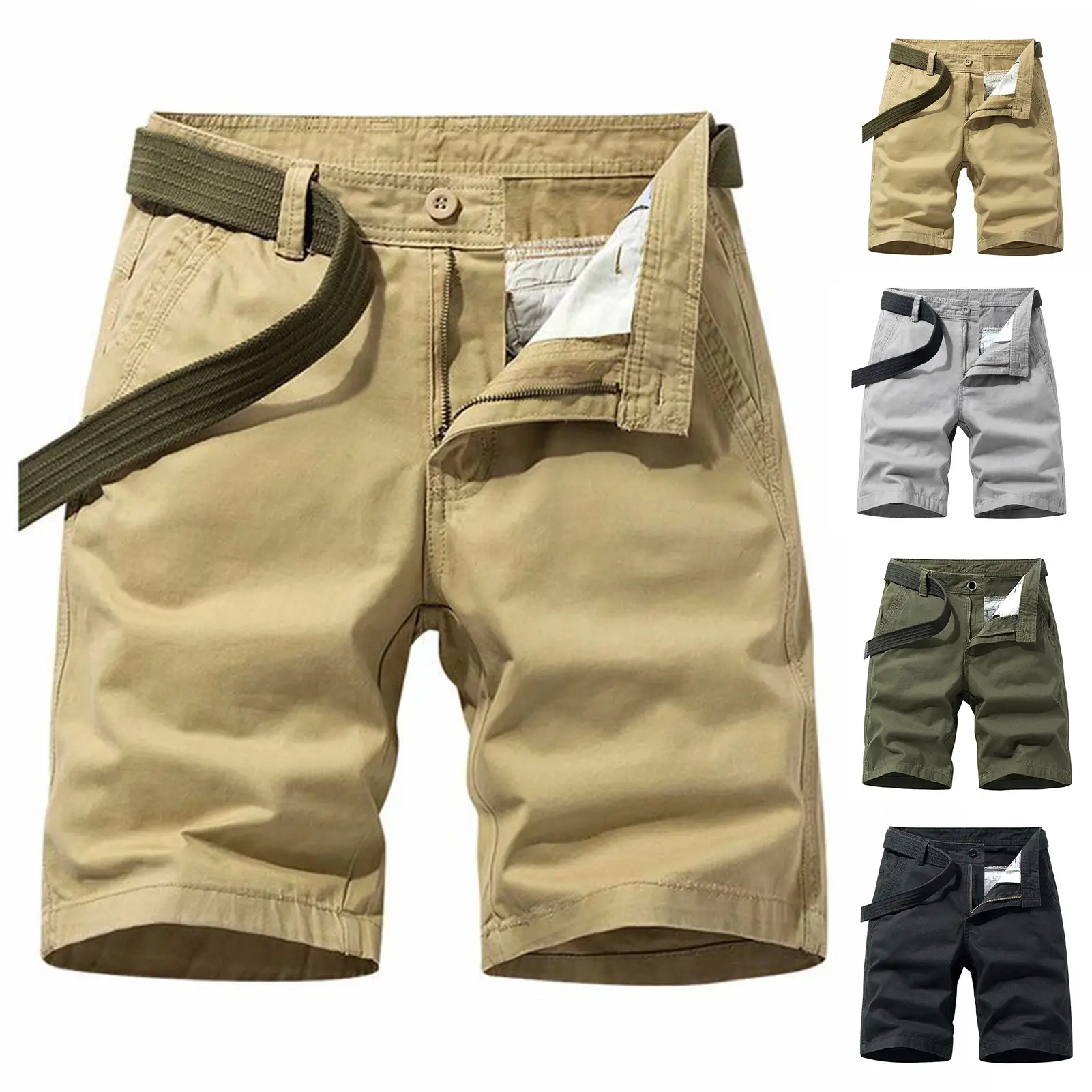 faousoe-Men Shorts Solid Color Knee Length Button Zipper Fly Pockets Straight Match Clothes Casual Plus Size Summer Trousers Men Clothes