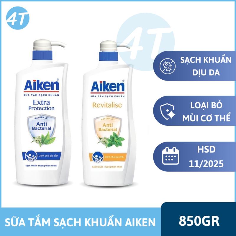 Sữa tắm Aiken 850gr - Sữa tắm sạch khuẩn chiết xuất bạc hà và trà xanh kháng khuẩn khử mùi giảm mồ hôi mềm da dưỡng da