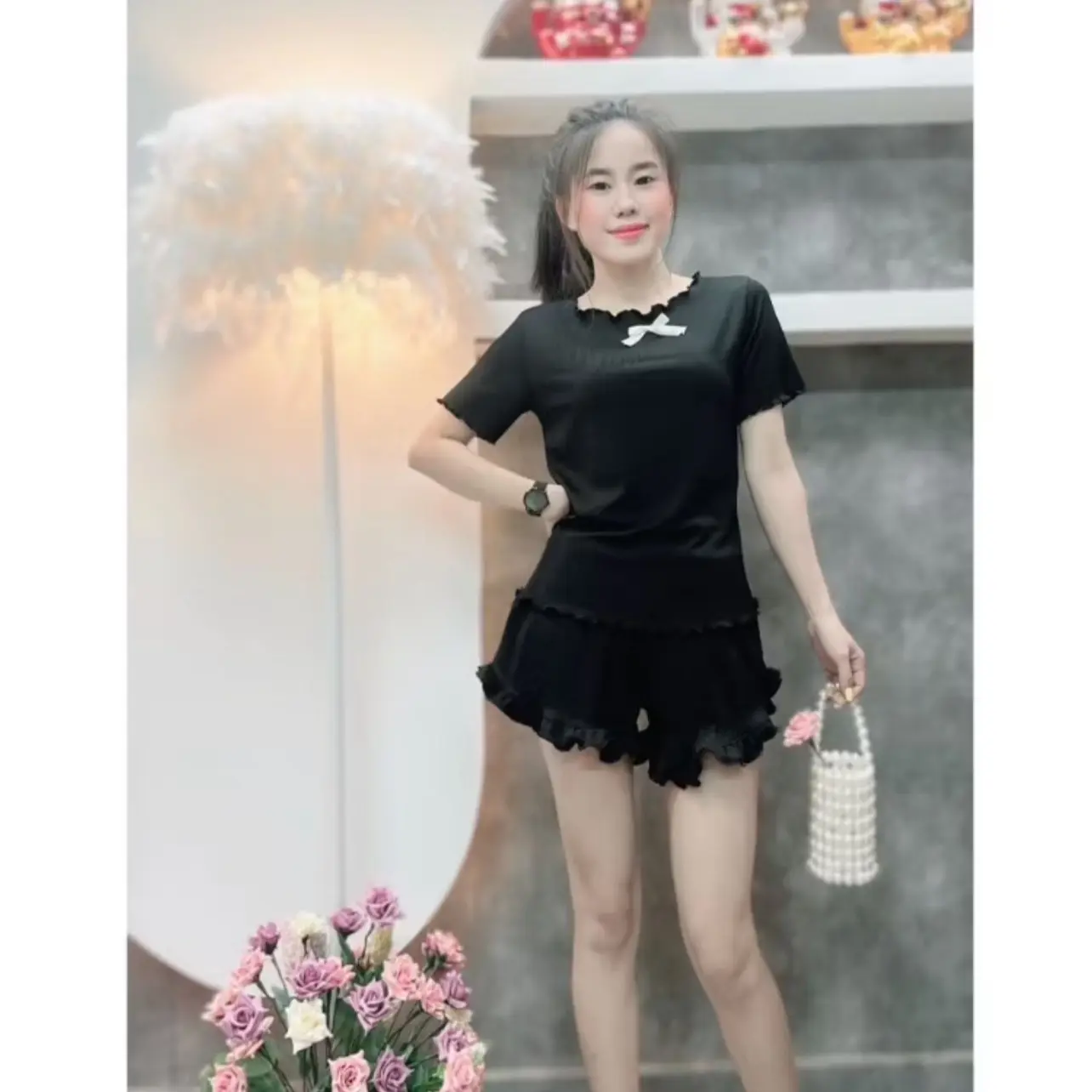 Sét bộ thun áo thun nữ tay ngắn cuốn biên kèm quần đùi phom xoè chất tăm quảng châu  mát  xinh mã hp61