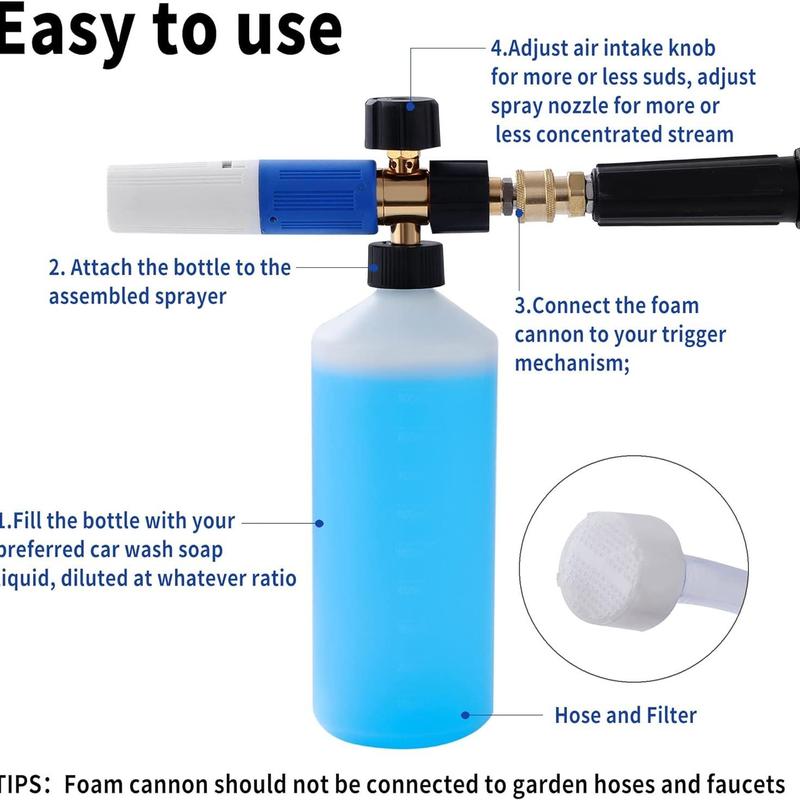 High Pressure Foam Cannon, Dual Adjustable Nozzle Snow Wash Cannon with Bottle, Professional Car Foam Cannon Fits Most Pressure Washing 4