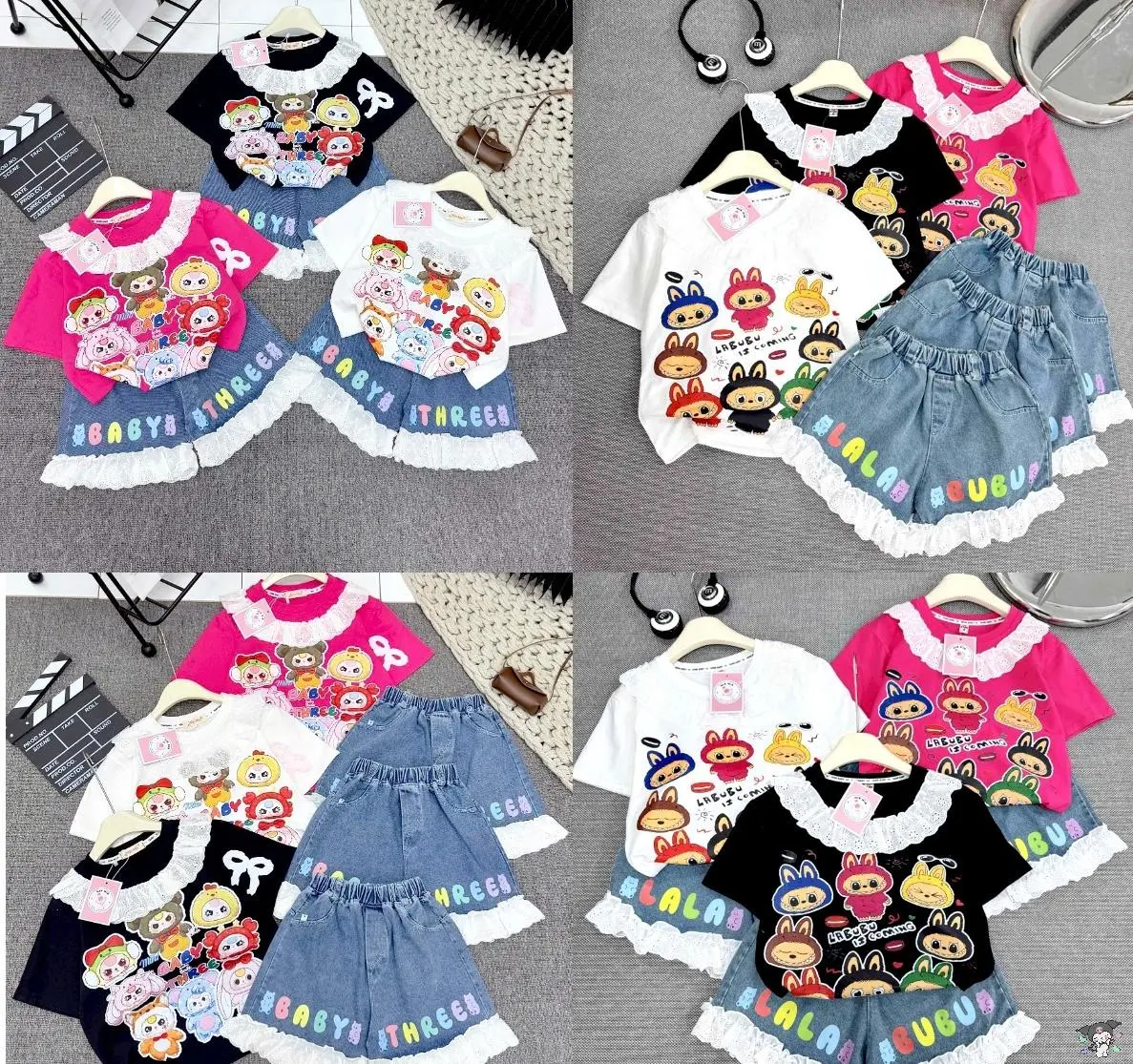 [MinMinKid3] (16-45kg) Set áo thun cotton cổ bèo hoạ tiết hoạt hình, quần so.oc JEAN PHỐI REN cho bé gái