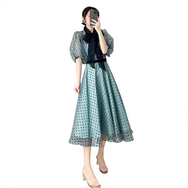 2023 Versi Korea Baru dari Gaun Polidar Lengan Polidar/Busur Angkung Rok Tanah Casual Sifon Satin Wanita Panjang Hitam Dress Pendek Midi Retro 5