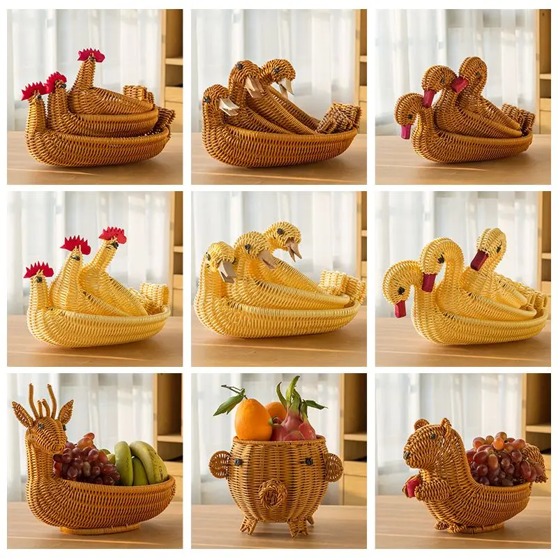 ตะกร้าเก็บของเล่นทำจากหวาย แบบสร้างสรรค์ มีไก่และสัตว์คล้ายเป็ด ไว้สำหรับใส่ผลไม้ จานผลไม้กวาง จานผลไม้ ถั่ว ของว่าง พุดดิ้งนึ่ง