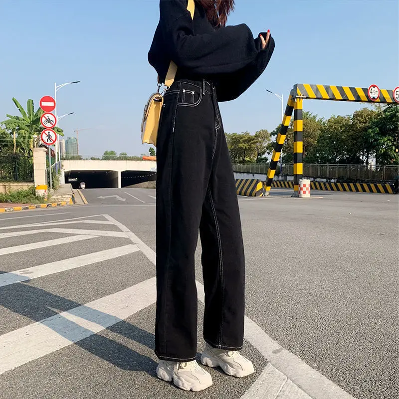 Quần Jean Ống Rộng, Màu Đen, Cạp Cao, Dáng Rộng Vừa Vặn, Bó Sát, Quần Cropped Xén, Dành Cho Nữ, Thích Hợp Cho Học Sinh, Phong Cách Hàn Quốc, Dễ Phối Đồ 0