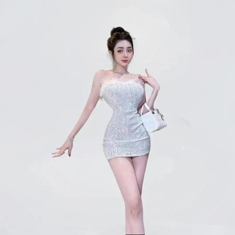 [có ảnh feedback] Đầm body nữ lông vũ lấp lánh dự tiệc - cà phê - tiệc tùng - checkin sang chảnh Women Dress. Đủ size XS/S/M/L/XL. váy body kim tuyến 2