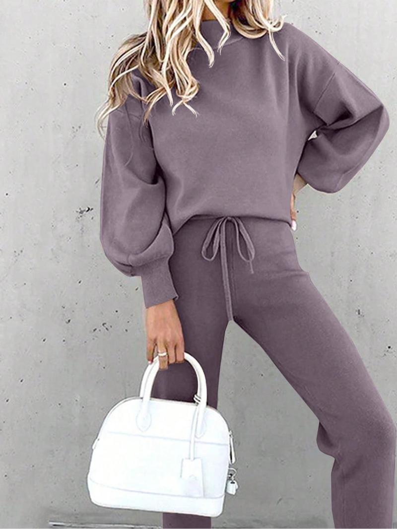 Product Introduction of Women's Solid Drop Shoulder Mock Neck Sweatshirt & Drawstring Waist Pants Two-piece Set, Casual Fashion Cozy Breathable Two Piece Outfits for Daily Outdoor Wear, Women Clothes for Fall & Winter 1