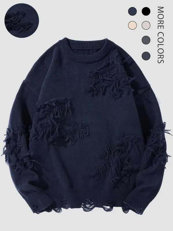 Men's Ripped Drop Shoulder Sweater, Men's and Women's Lazy and Versatile Ins Style Casual Fashion Knitted Pullover for Fall & Winter, Fashion Men's Knitwear for Daily Wear 4