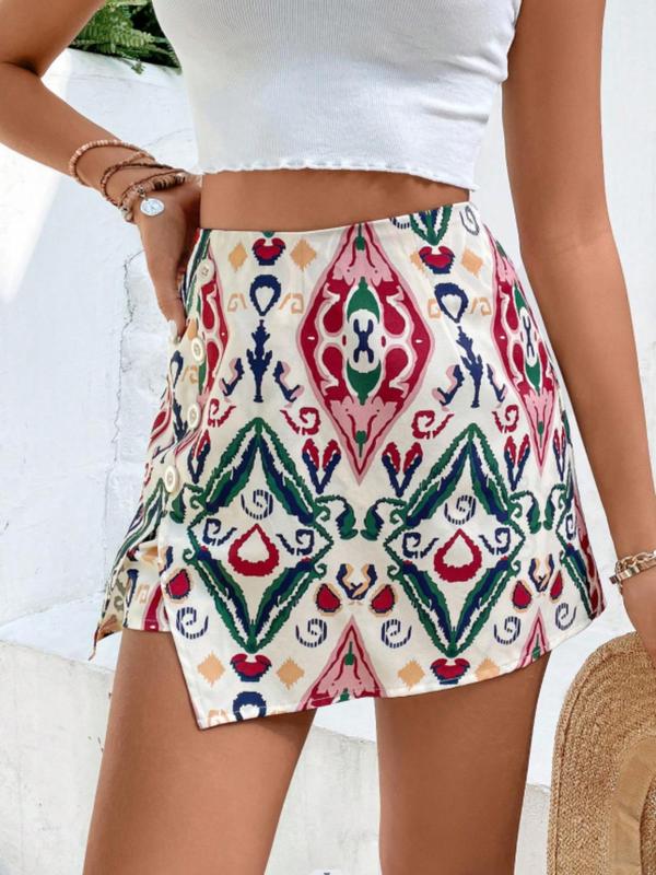 Women's Ethnic Pattern Button Split Thigh Wrap Skorts, Boho Casual Shorts for Everyday Beach Vacation Holiday, Ladies Summer Bottoms, Womenswear 2