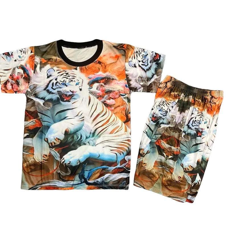 Set 3 bộ quần áo thun ngắn tay in họa tiết con hổ, con cọp, con voi, con rồng, con khủng Long (nhiều hình khác nhau) cho bé trai