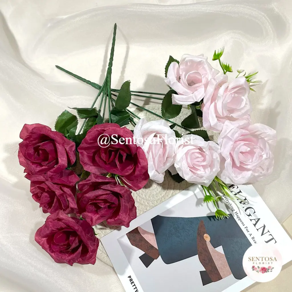 BUNGA MAWAR ROSE PLASTIK TIPE- SJ CABANG 5 BUNGA MAWAR JEPANG DEKORASI MURAH ARTIFICIAL (NK-263)