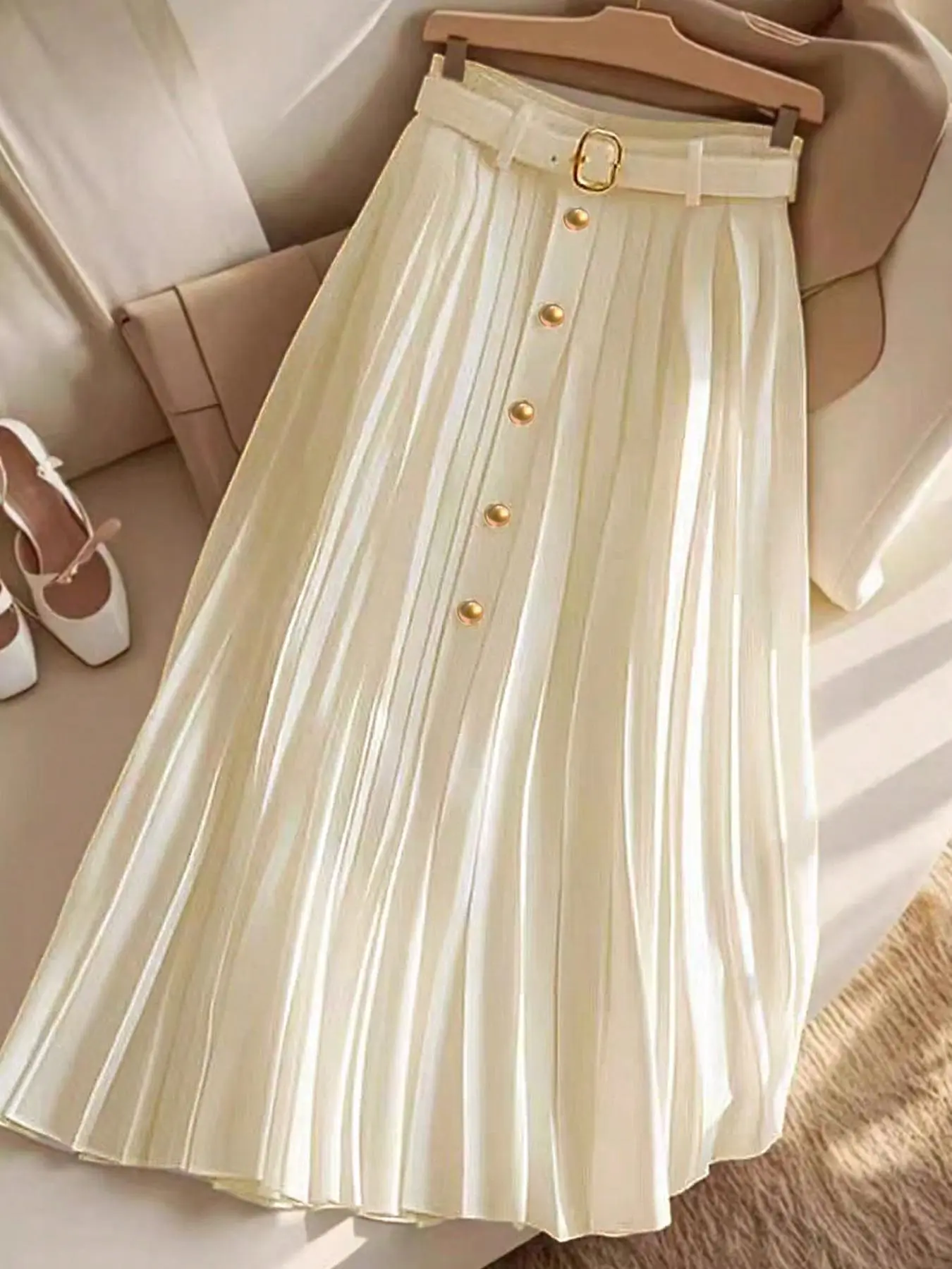 Women's Solid Color High Waist Pleated Skirt with Belt, Elegant Fashion Casual Long Skirt for Daily Outdoor Wear, Ladies Bottoms for Summer