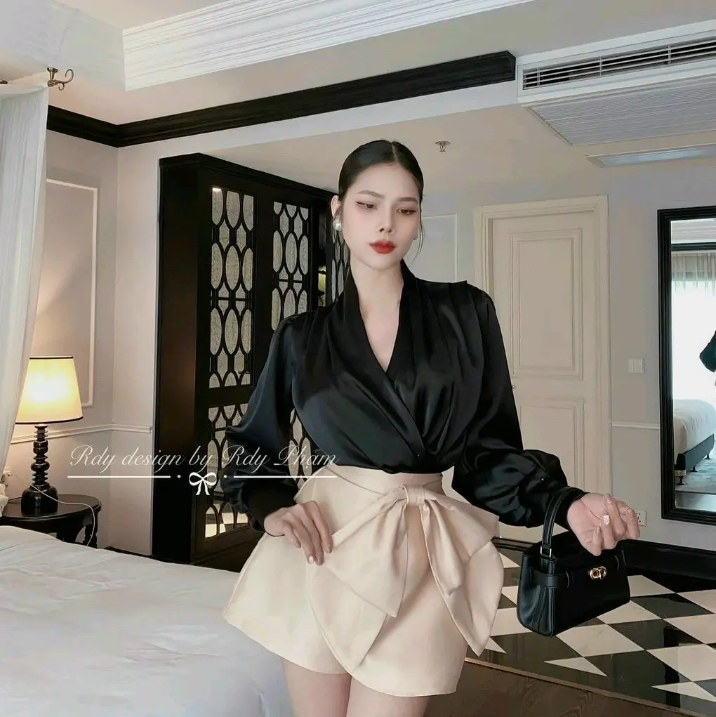 Bigsize - Set áo sơ mi nữ và quần váy nơ