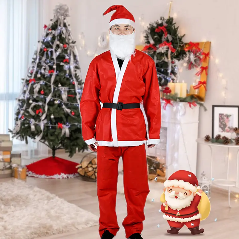 1 Bộ Mũ Giáng Sinh, Áo, Quần, Áo Cardigan Dày, Màu Tương Phản Lễ Hội, Gấu Giả, Quần Áo Ông Già Noel Cho Cosplay 0