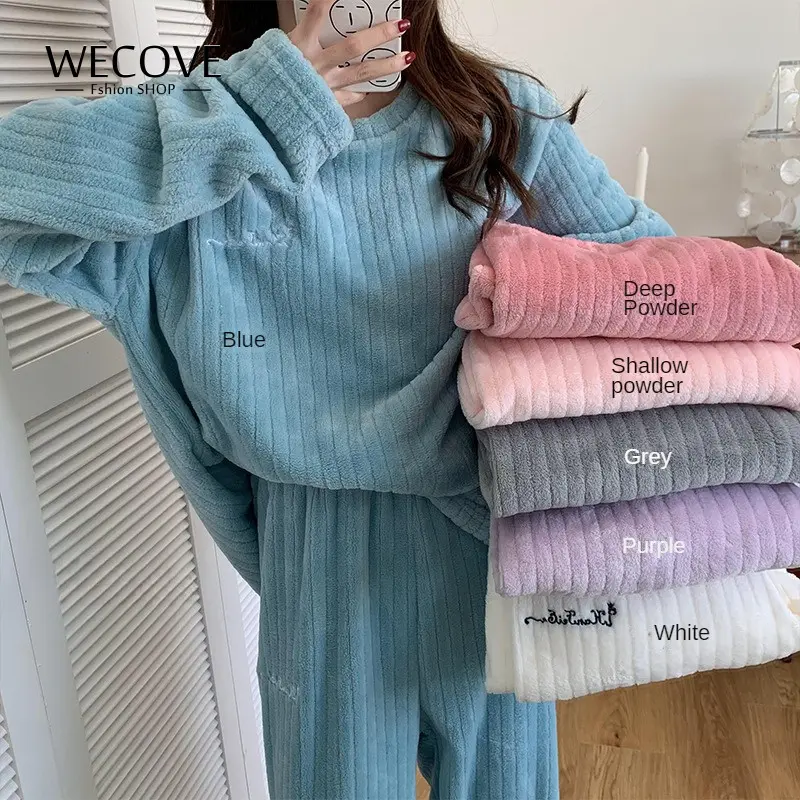 WECOVE Cozy Coral Fleece Pajama Set for Women, Plus Size, Thick and Warm, 2-Piece Casual Home Wear Plus Size Coral Fleece Pajama Set for Women, Stay Cozy and Stylish in the Cold Season Nightwear Lingerie Pjs Basic