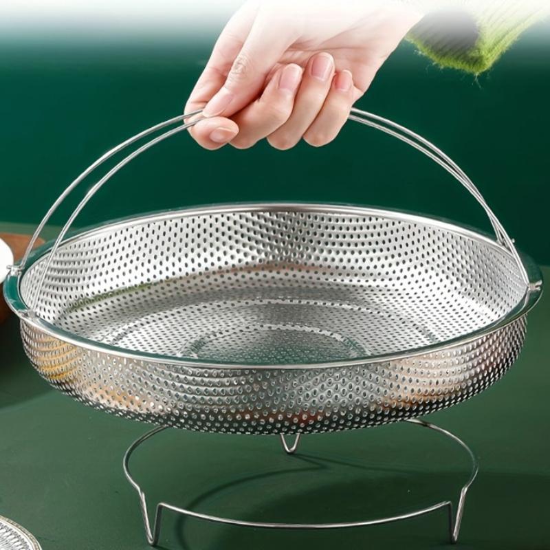 Product Introduction of Stainless Steel Steamer Basket, 1 Count Household Draining Basket with Handle, Multi-use Kitchen Gadget for Fruits & Vegetables, Utensils 0