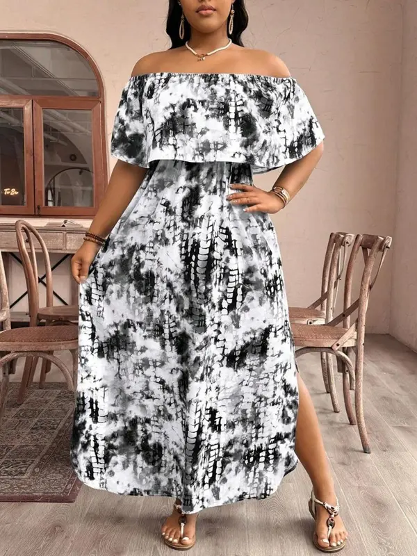 【Plus Size】 All Over Tie Dye Print Off Shoulder Dress, Casual Bohemian Fashion Long Dress for Daily Holiday Vacation Wear, Women Plus Clothing for Summer, Womenswear, Summer Clothes Women 8