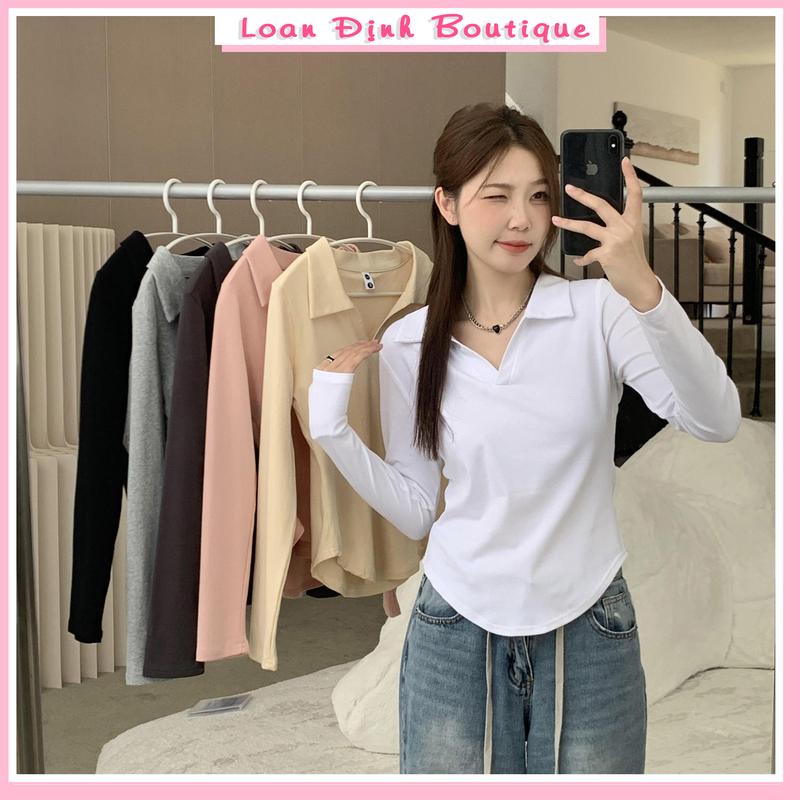Áo Thun Tăm Lạnh Vạt Bầu Tay Dài Cổ Sơ Mi Đen Trắng Xám Hồng Kem Áo Kiểu Nữ Trơn Basic Loan Định Boutique LD039 Women Top Shirt