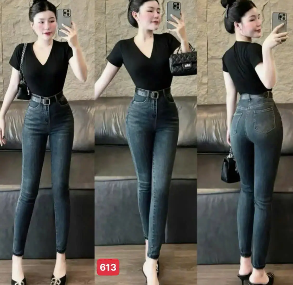 Quần jean nữ lưng cao dáng ôm gọn chất vải mềm co giãn tốt mẫu đẹp 2024 Women Pants Ong - xám đen Voi Kem