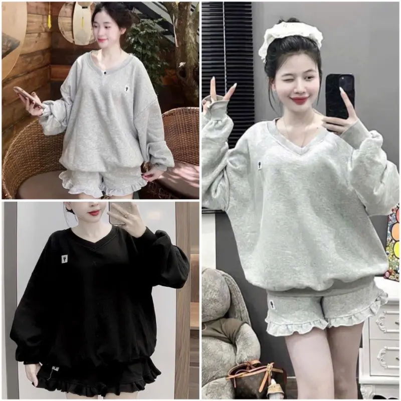 Set Bộ Mèo Nỉ Nữ, Áo Swt Cổ Tim Phối Quần Đùi Bèo, Thời Trang Thu Đông Xinh Xắn set  bộ jean