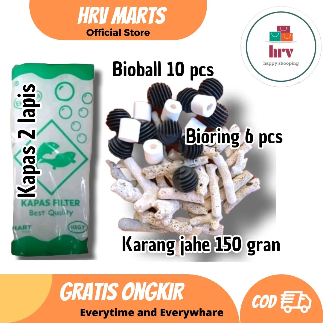 Paket Hemat Murah Media Filter Akuarium Kolam Bioball Karang Jahe Bioring dan Kapas 2 Lapis batu