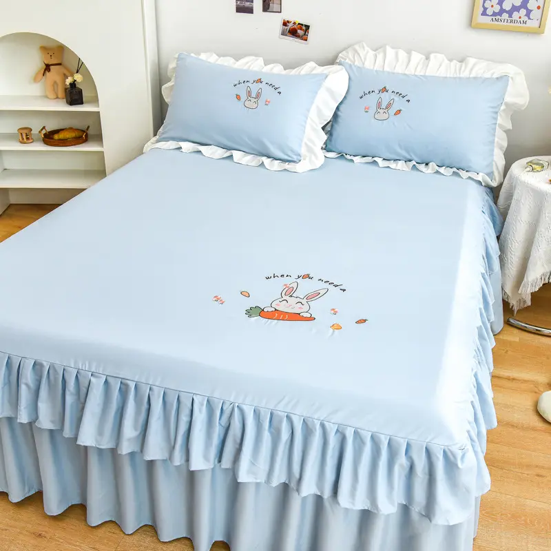 New Korean Style Sunny Rabbit Embroidered Double-Layer Lace Washed Cotton Single Bed Skirt Solid Color Washable Bed Skirt