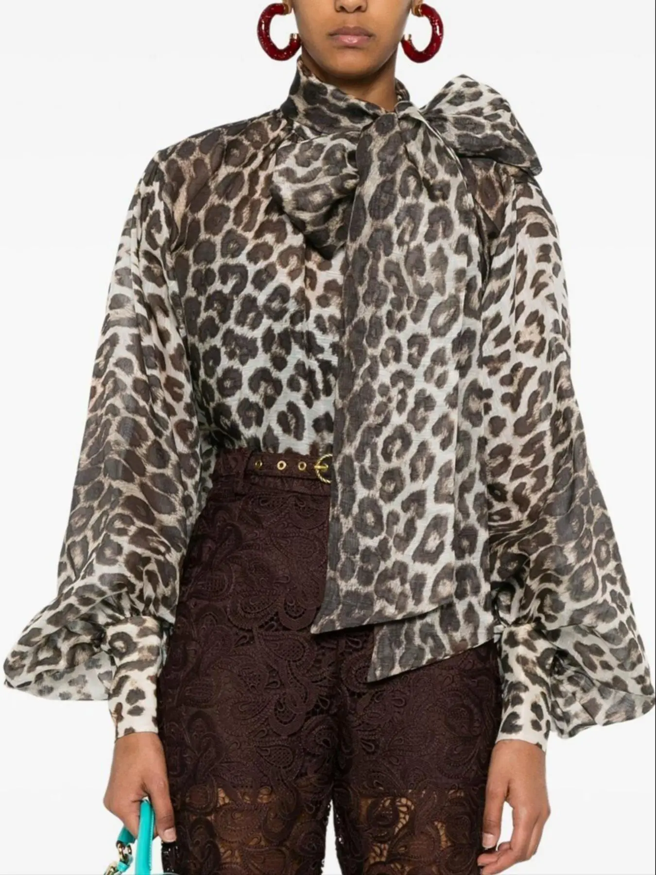 Women's Leopard Print Tie Neck Bishop Sleeve Blouse, Elegant Long Sleeve Top for Fall & Winter, Women's Clothes for Daily Wear