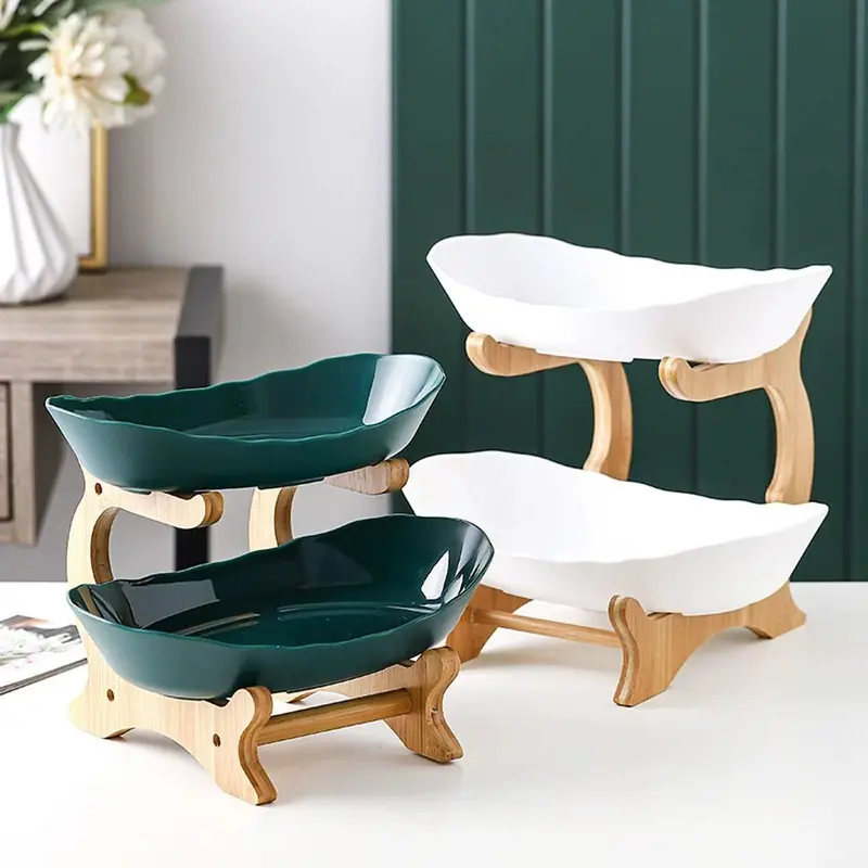 Fruit Bowl Set, 1 Count 2/3 Layer Fruit Snack Storage Bowl with Wooden Stand, Multifunctional Fruit Organizer for Home Kitchen Restaurant, Rack 2