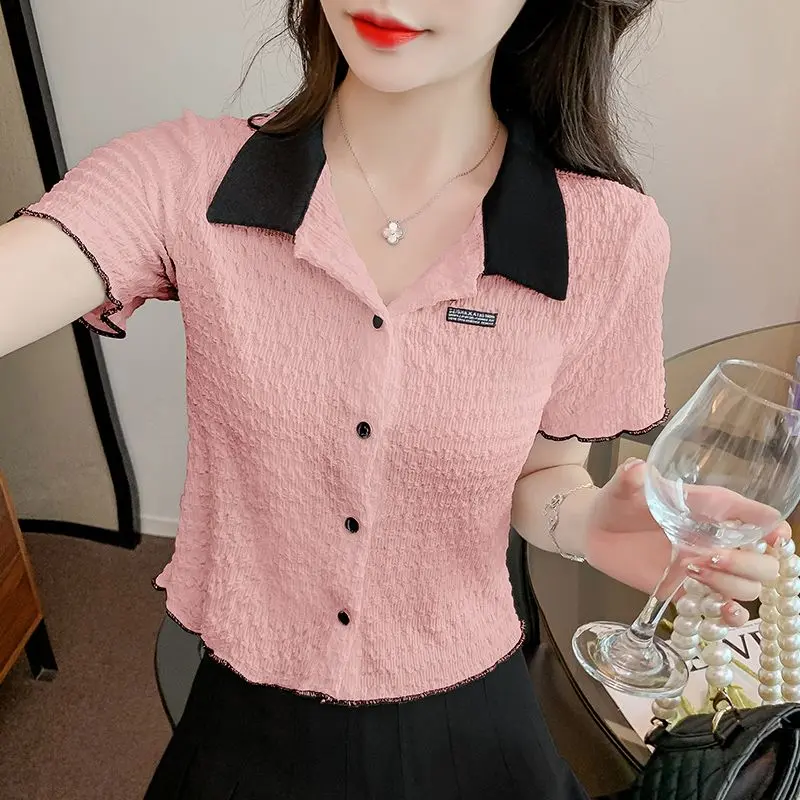 Áo Sơ Mi ngắn Tay Áo Cổ bẻ xuống Thiết Kế Khối Màu, Dành Cho Phụ Nữ, Hàng Mới Về Mùa Hè, Phong Cách Pháp, Áo Polo Thanh Lịch, Áo Ngắn Xếp Ly