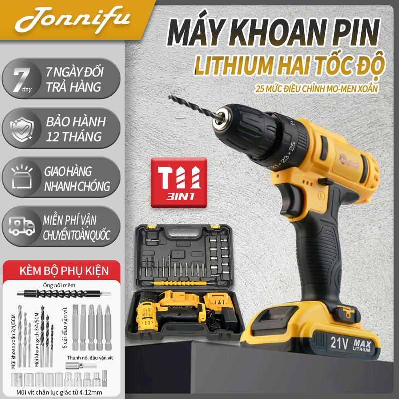 Máy khoan pin chính hãng Tonnifu - 3 chức năng Khoan Bắt Vít Búa pin LI-ION cao cấp 1 Pin 1 Sạc 1 Thân máy