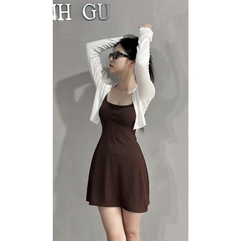 Đầm hai dây nữ xòe nhẹ kèm quần trong chất thun mềm mát phong cách đơn gian thanh lịch mặc cực kỳ tôn dáng Váy Đen Women Dress Kem 2