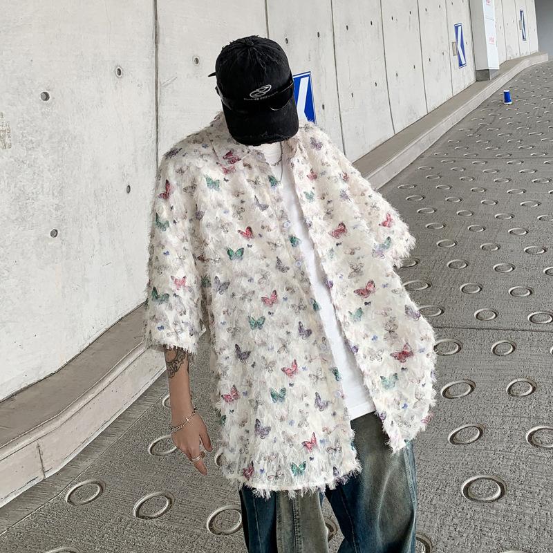 Product Introduction of Summer Design Butterfly Three-Dimensional Tassel Shirt Short Sleeve Men's Niche Vintage Shirt Coat Fashion Brand Couple's Tops 5