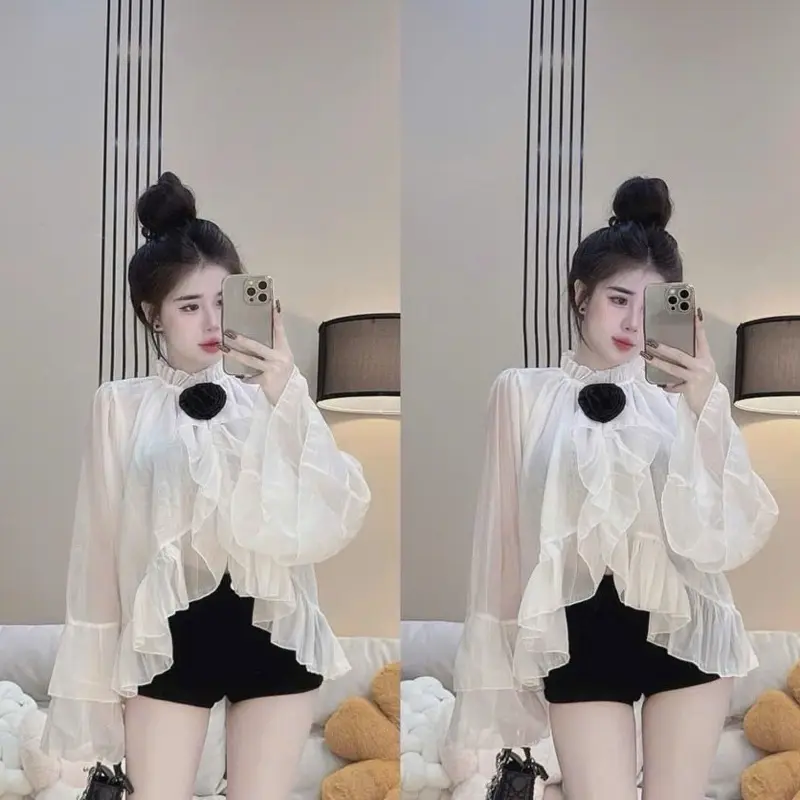 Áo Tơ Cài Hoa Siêu Hot.Hàng Thiết Kế JaewonBoutique Nữ Women Top Shirt dây