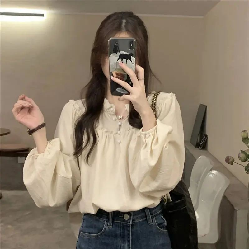 Áo Sơ Mi Dài Tay, Phong Cách Cổ Điển Pháp, Selvedge Dây, Thích Hợp Cho Mùa Thu Của Phụ Nữ, Hàng Mới Về 2024, Sang Trọng Giá Cả Phải Chăng, Dáng Rộng Vừa Vặn, Áo Dễ Phối Đồ
