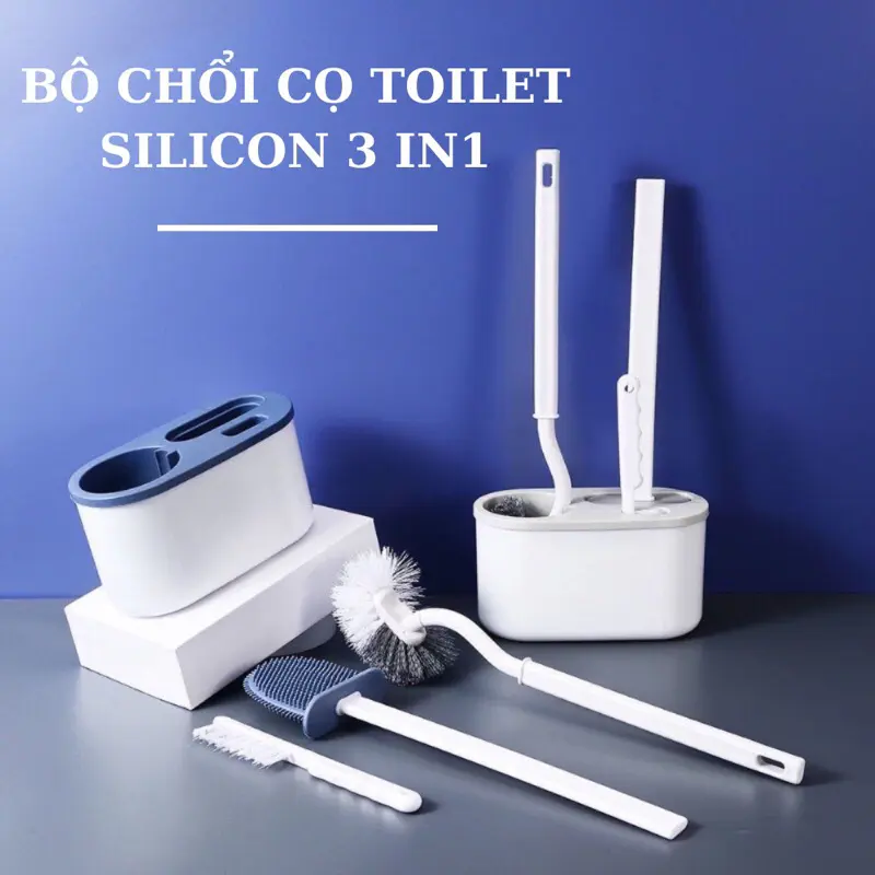Bộ 3 chổi vệ ainh toilet xoay 360 treo tường, cọ bồn cầu ailicon 3in1