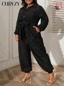 CURVZY Plus Size Autumn Aesthetic Solid Button Front Belted Jumpsuit, Casual Pocket Long Sleeve Collared Jumpsuit for Fall & Winter, Women's Clothes for Daily Wear