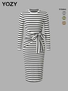 YOZY Valentine's Day Gift for Girl, Striped Print Knot Side Midi Dress/ Casual Long Sleeve Round Neck Dress, 2024 Women's All Seasons Outfits for Daily Wear, Fall & Winter Clothes