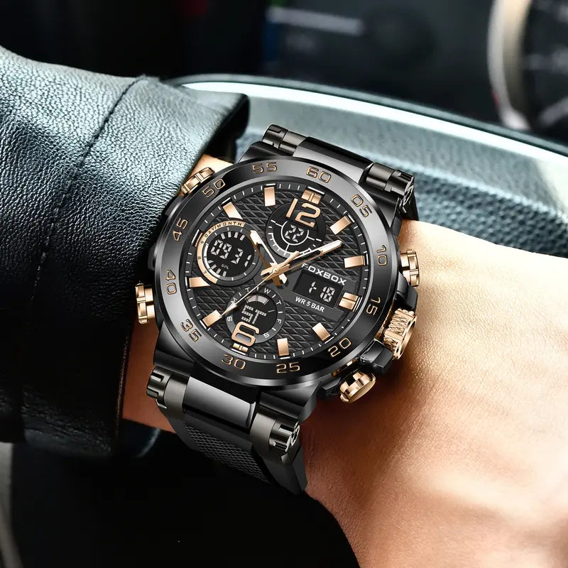 LIGE x FOXBOX jam tangan pria digital modis baru dengan layar ganda jam tangan kuarsa olahraga tahan air bercahaya Watches 1