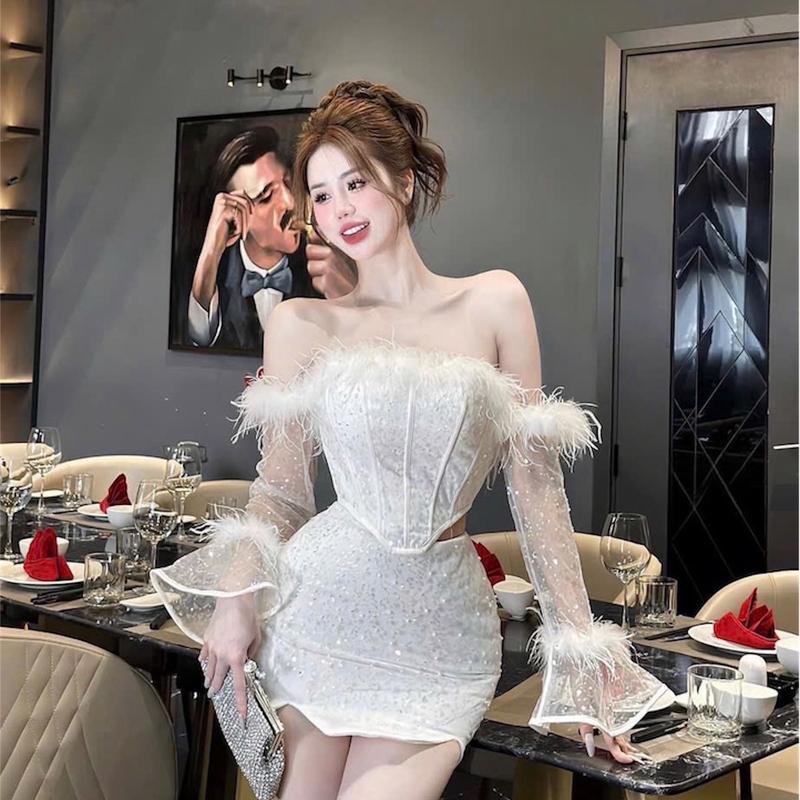 Set váy thiết kế kim sa blinh 2 chi tiết ( áo trễ vai kim sa địn lông + chân váy ôm kim sa ) Nữ NQS5